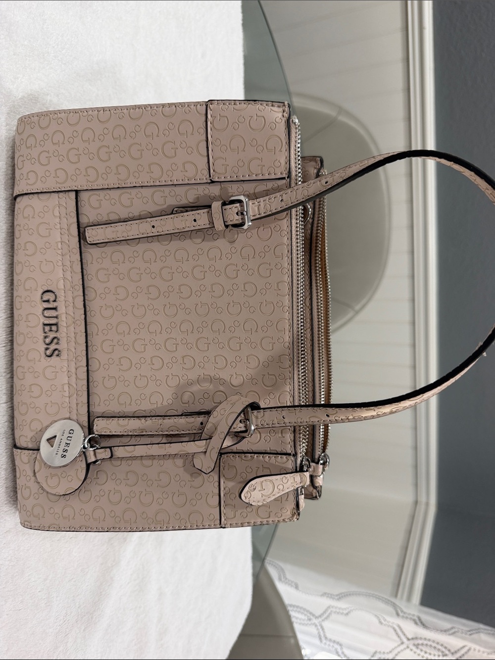 Guess Beige Logo-Print Shoulder Bag